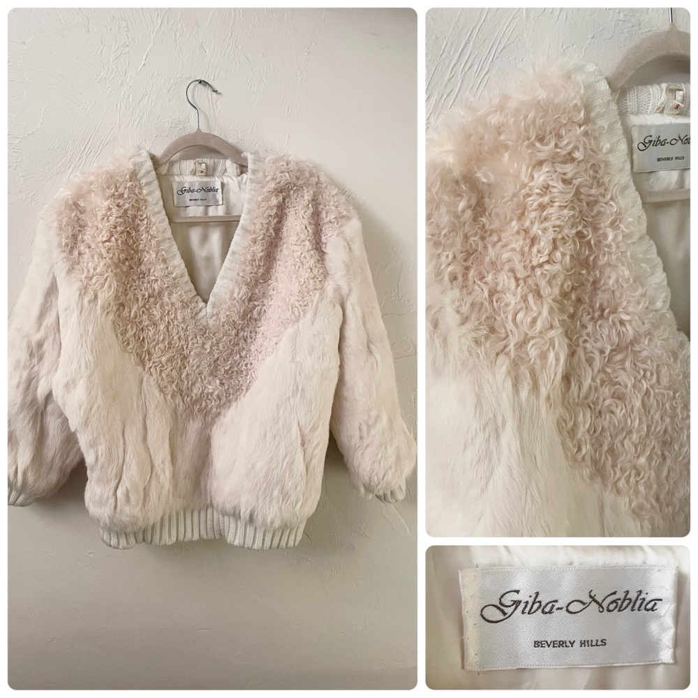 Unique Vintage Couture Rabbit Fur Lambswool V-Neck Sweater in Cream Pearl